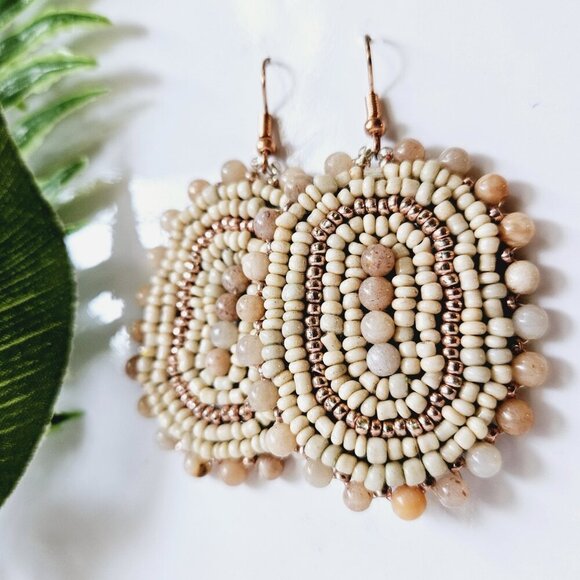 Rose Gold Beaded Turquoise Bohemian Shield Hoop Earrings | Handmade Jewelry - Picture 6 of 6